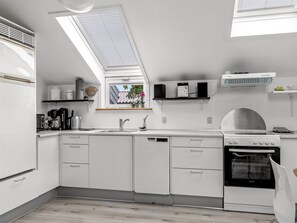 A modern kitchen with white cabinetry, a dishwasher, a stove, and a skylight. - "Dior" - 800m from the sea by Interhome (Hejls)