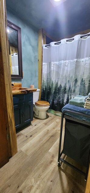 A small bathroom with a toilet, a sink, and a mirror. There is a shower curtain with a forest design. - Starry Pines Cabin: A handmade cozy cabin-near waterfall, dogs welcome (Blountsville)