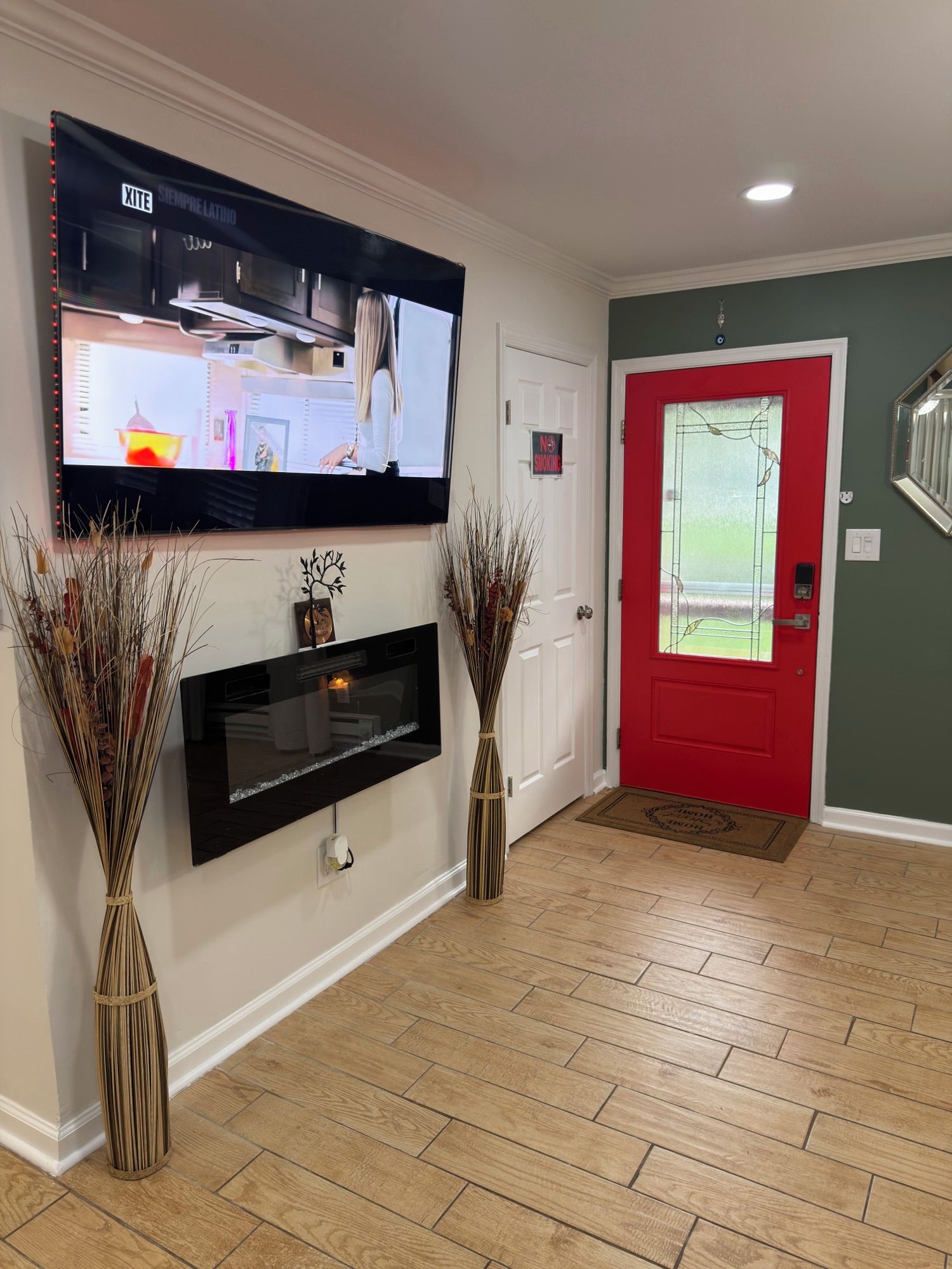 A modern interior with a flat-screen TV mounted on the wall, a red door, and two decorative vases with dried plants.