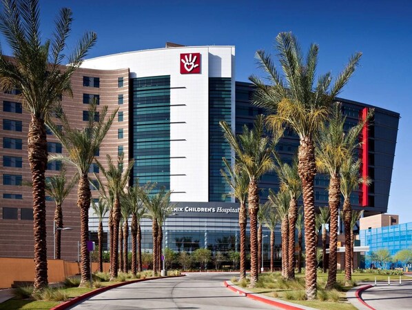 A modern hospital building with a prominent logo, surrounded by palm trees and a clear sky.
