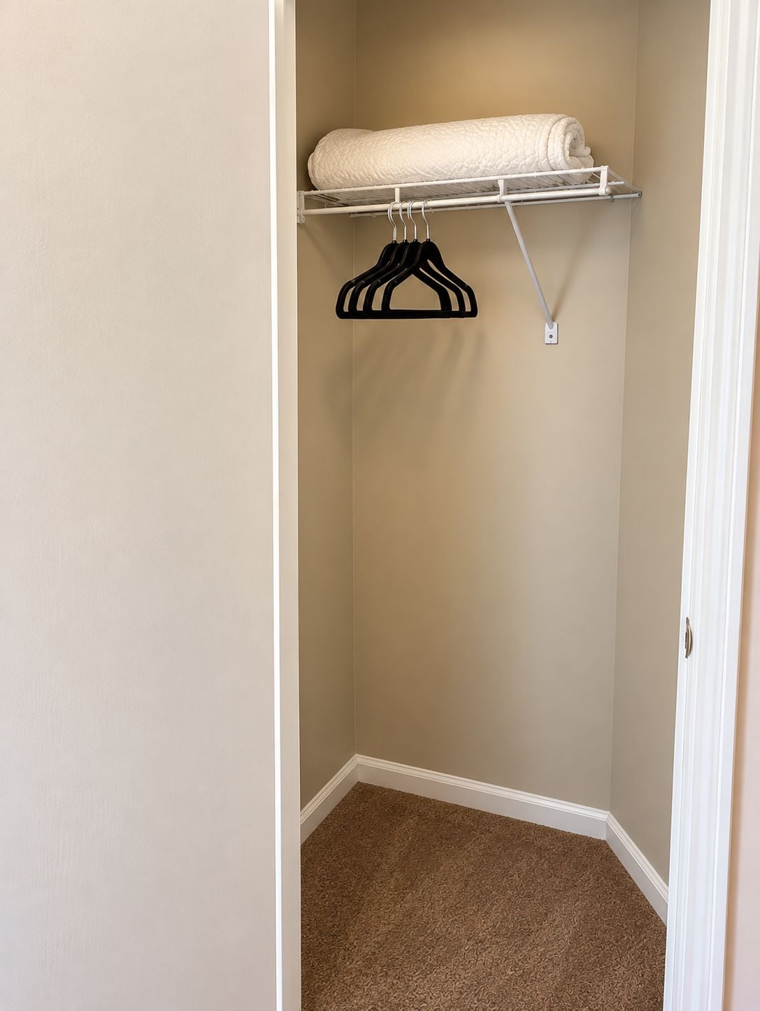 A closet with a hanging rack, a rolled-up towel, and a carpeted floor.