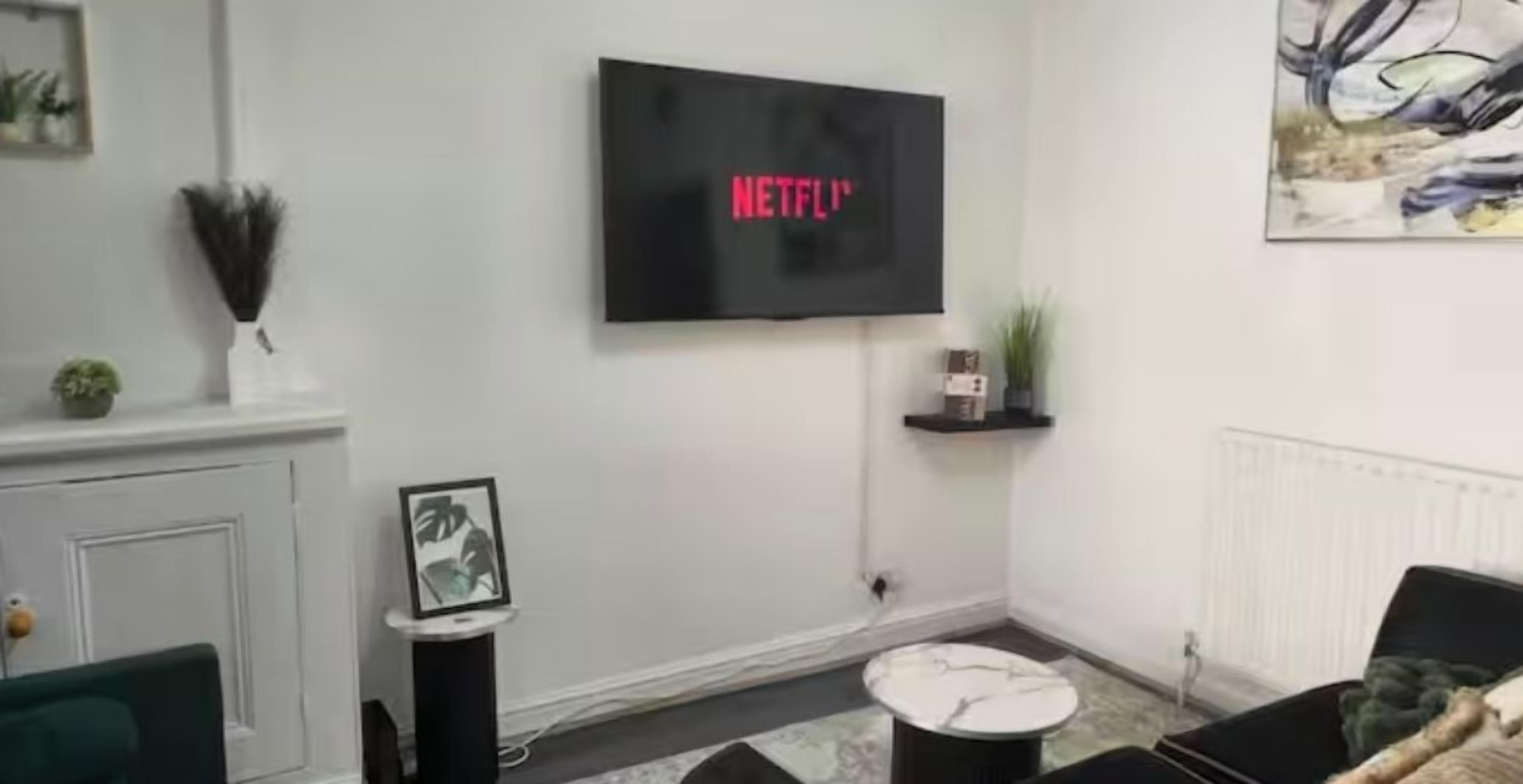 A living room with a flat-screen TV displaying the Netflix logo, a fireplace, a framed picture, a small table, and a sofa.