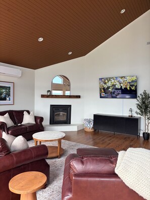 A modern living room with leather sofas, a fireplace, a mounted TV, and a ceiling with recessed lighting.