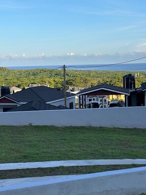 Un barrio residencial con casas, un primer plano con césped y una vista distante del océano.