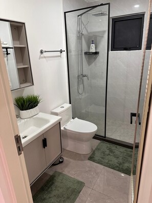 Een moderne badkamer met een douchecabine van glas, een toilet, een wastafel en een spiegel.
