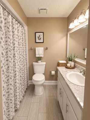 A bathroom with a toilet, sink, and shower curtain.