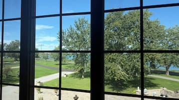 A view through a window with a clear sky, trees, a lawn, and a fountain.