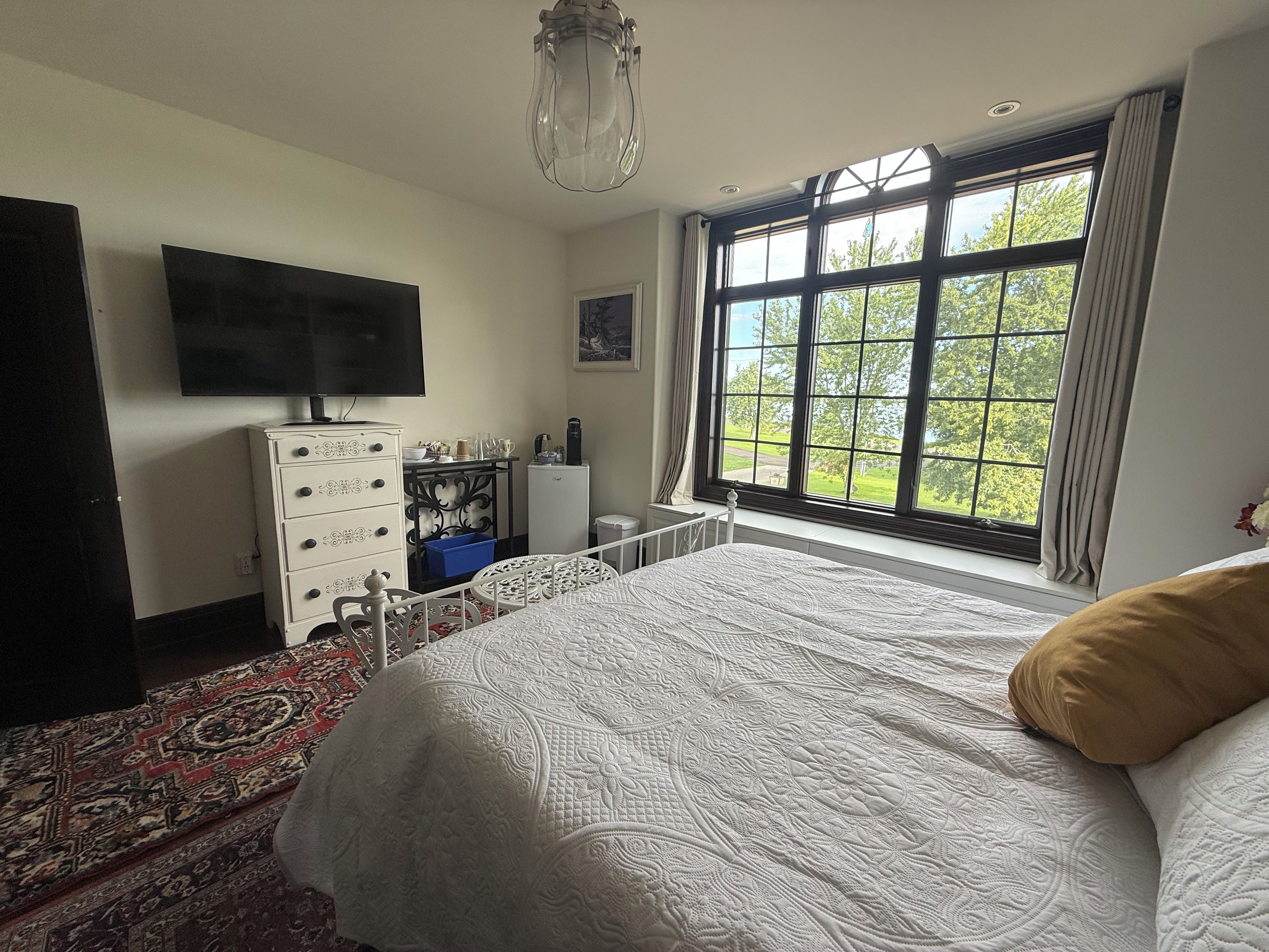A bedroom with a large bed, a television, a dresser, a desk, and a window with a view of greenery.