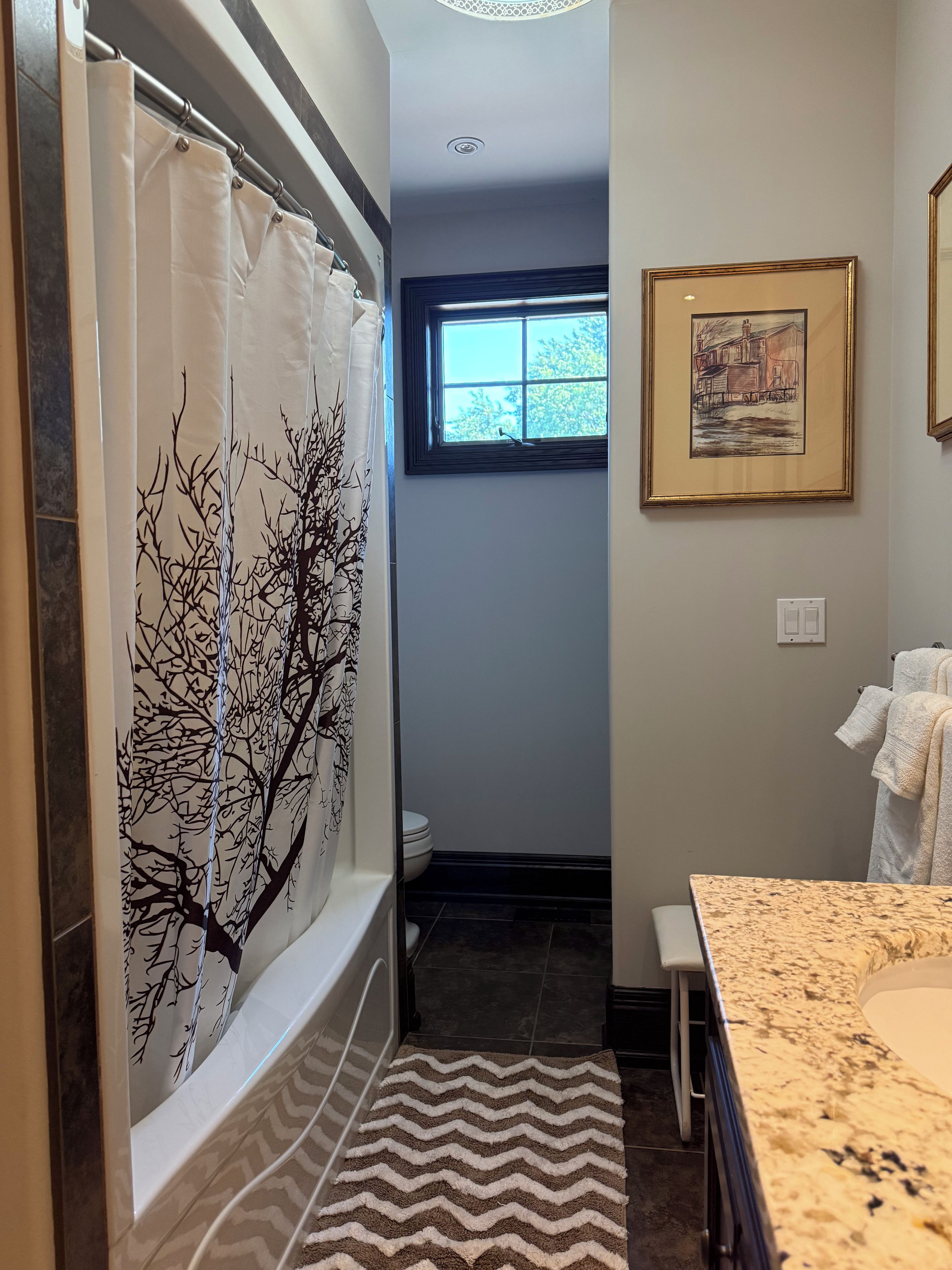 Un baño con cortina de ducha decorada con un diseño de árbol, una ventana con vistas, un cuadro enmarcado en la pared y una alfombra estampada.