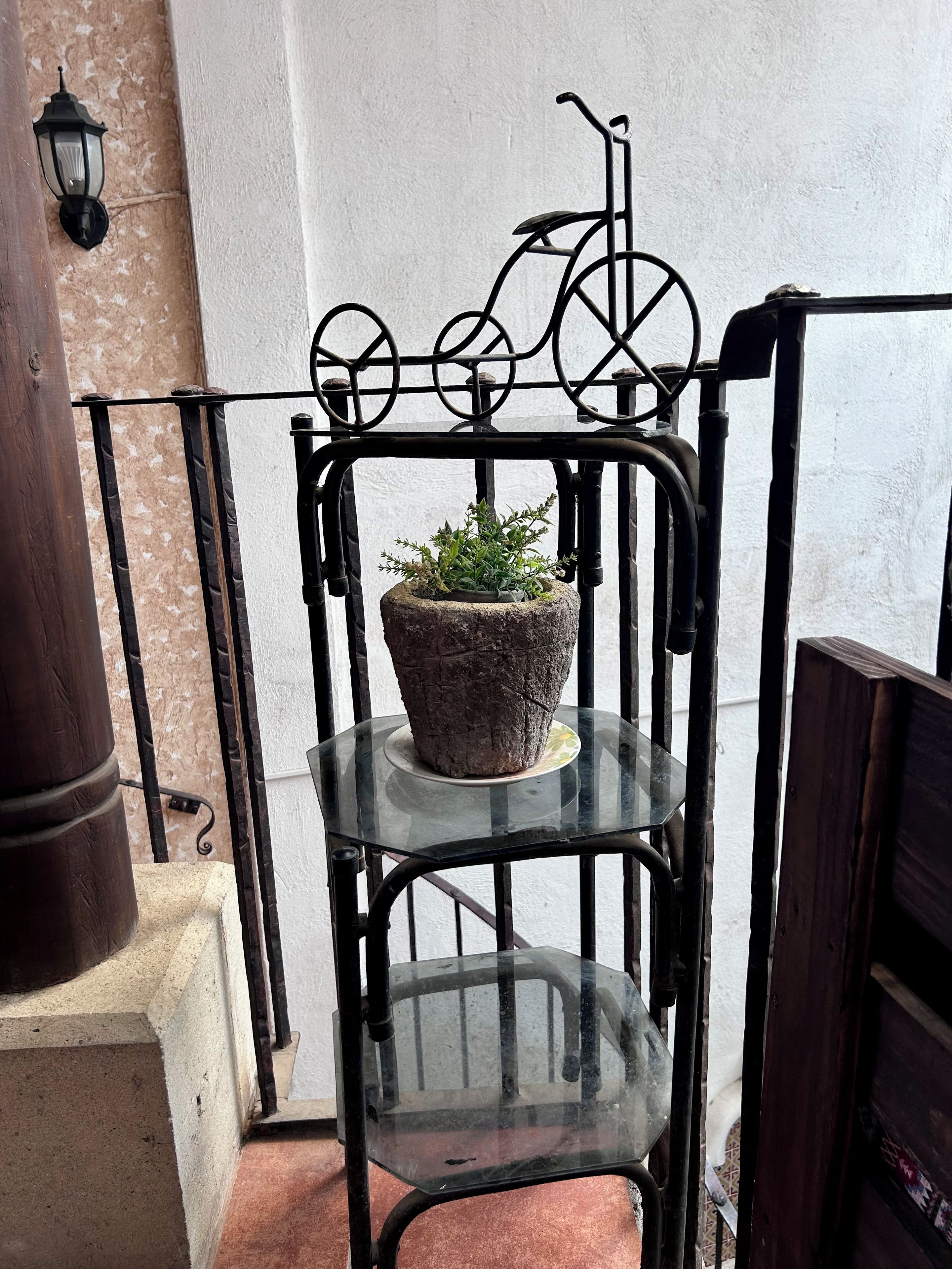 Une chaise en métal avec une étagère en verre sur laquelle est posée une plante en pot.