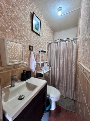 A bathroom with a sink, toilet, shower curtain, and a shelf with toiletries. - 2-bedroom apartment in welcoming Antigua neighborhood. (Antigua)