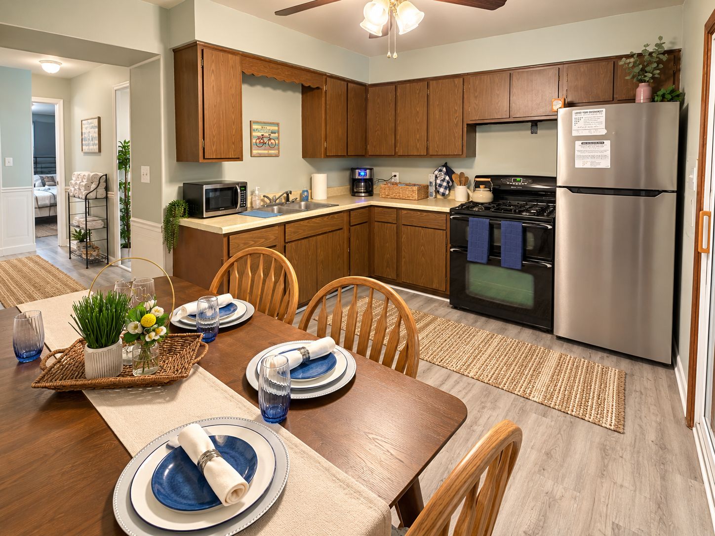 A modern kitchen with wooden cabinets, a stainless steel refrigerator, and a dining area set with blue plates and a vase of flowers.