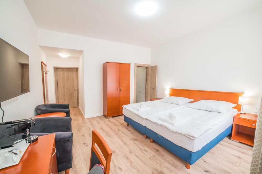 Una habitación de hotel con cama, escritorio, silla y armario.