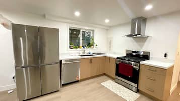 A modern kitchen with stainless steel appliances, a window with plants, and a red towel on the oven.
