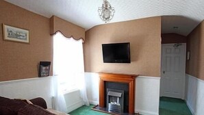 Ein Zimmer mit Kamin, Wandfernseher und einem grünen Teppich.