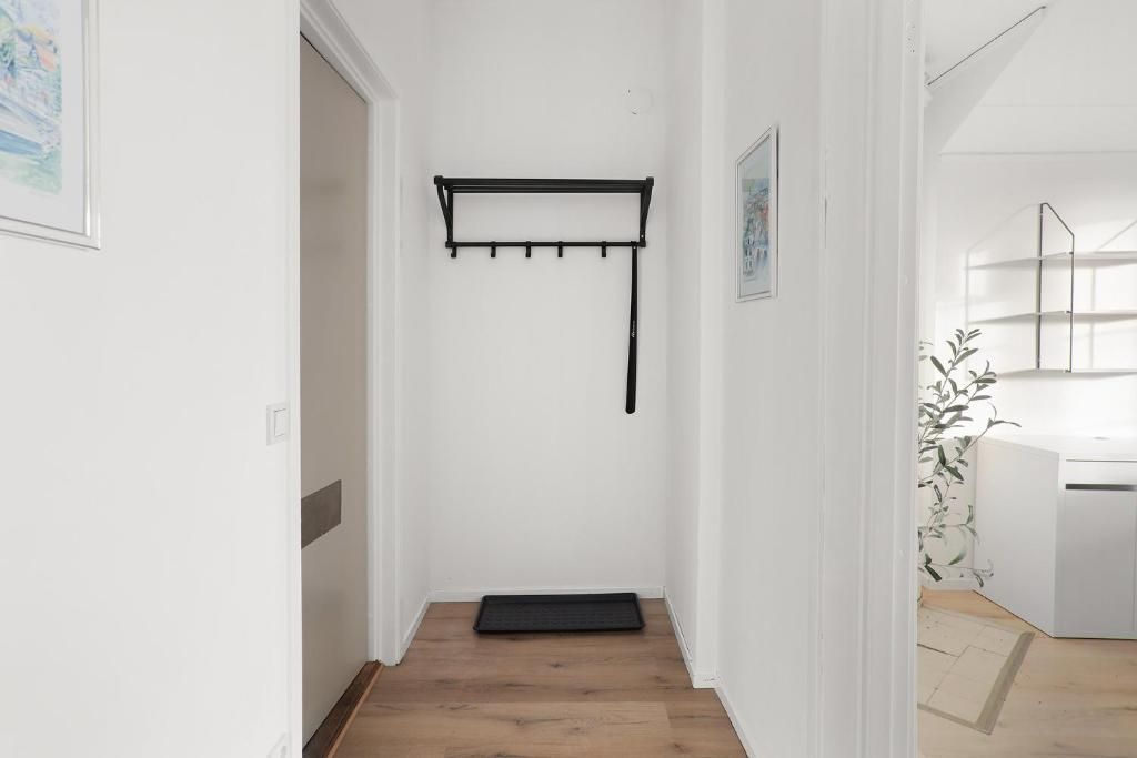 Um corredor com um espelho de cabides preto, uma porta e um tapete pequeno no chão.