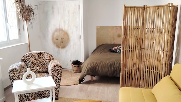 A room with a bed, a sofa, a small table, a decorative plant, and a ceiling fan. - Apartment in downtown Toulon, between the port and the train station (Toulon)
