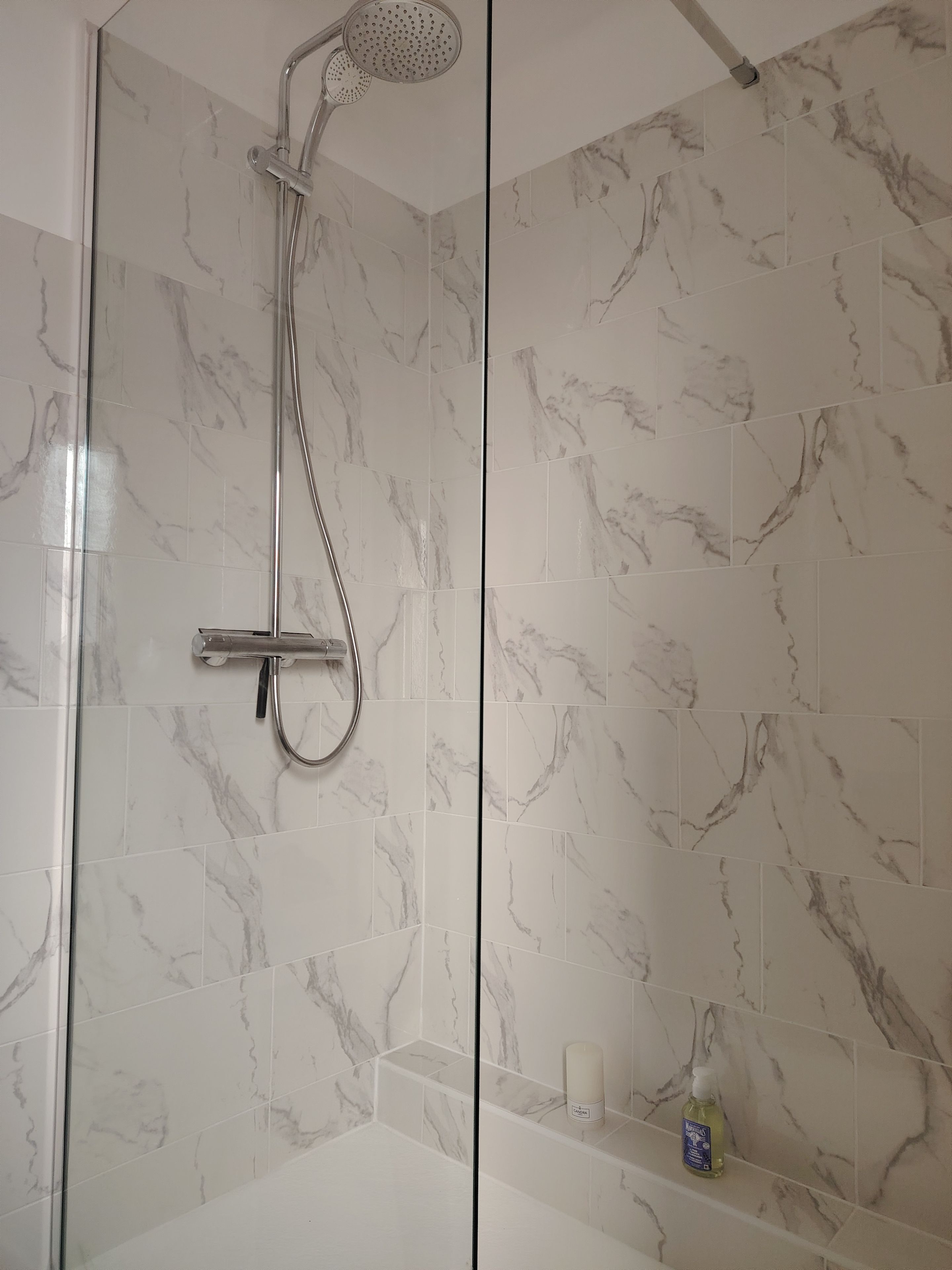 Een douche met een handdouche en een regendouche.