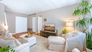 Una sala de estar con un sofá, un televisor y una mesa de centro.