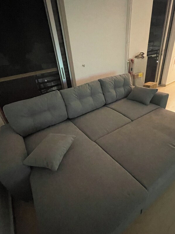 A grey sofa with a cushion, positioned against a wall with a door and a radiator.