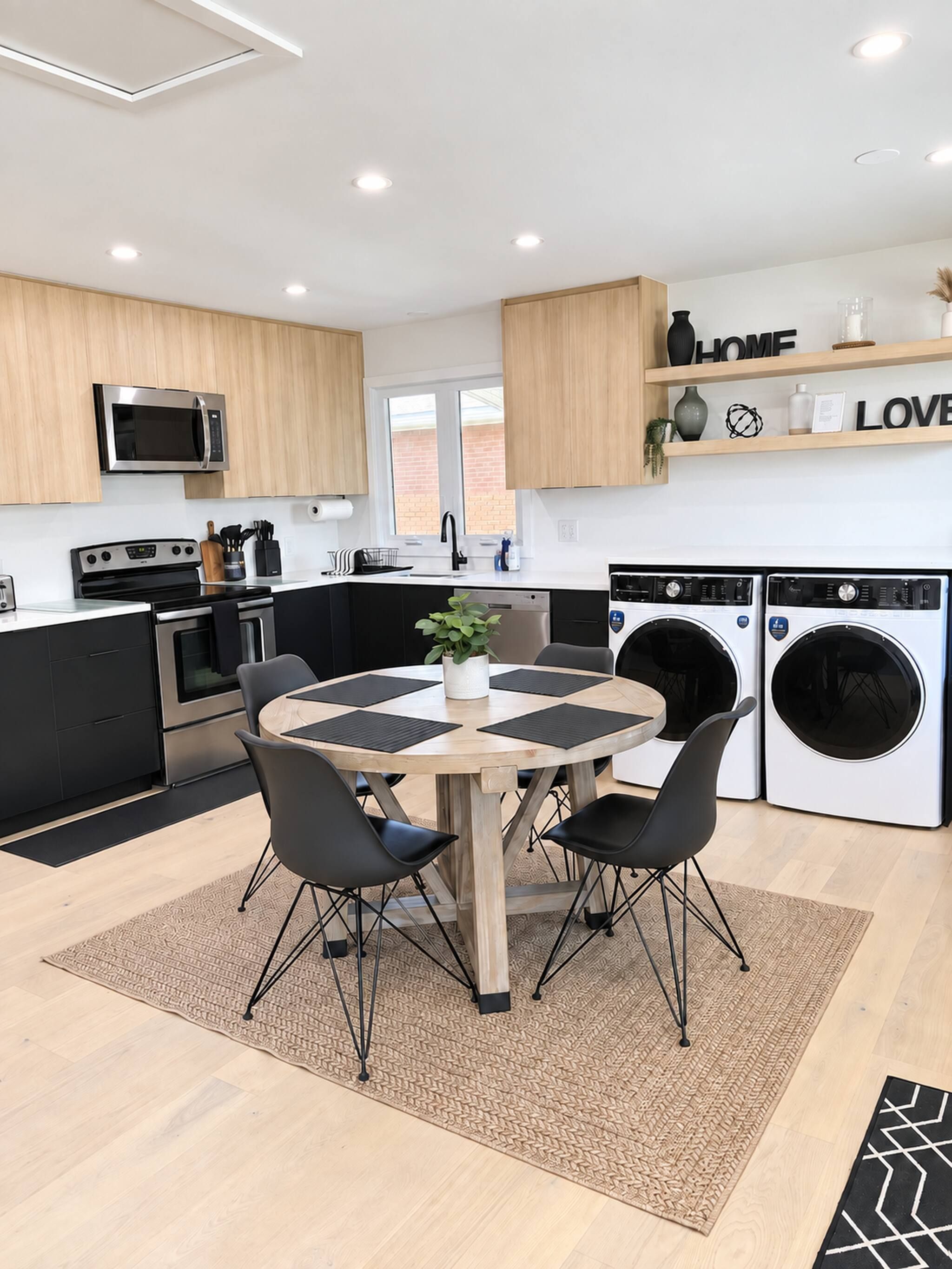 Una cocina moderna con una isla central, electrodomésticos integrados y un comedor con una mesa redonda y sillas.