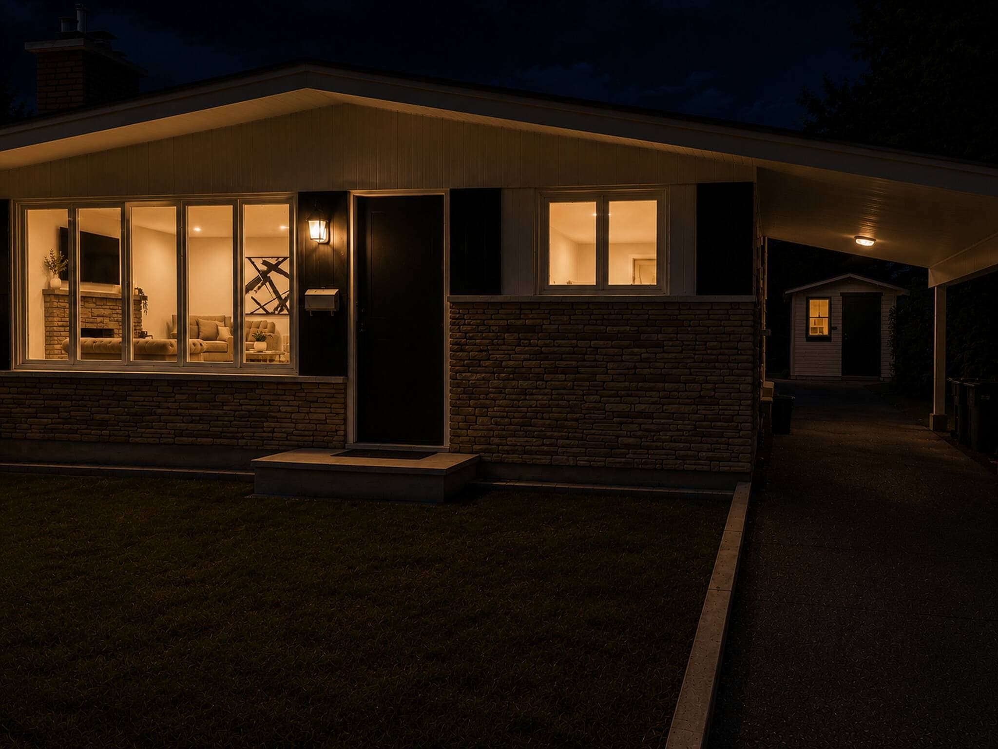 Una casa moderna con ventanas amplias, fachada de ladrillo y un acceso bien iluminado.