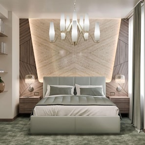 A modern bedroom with a large bed, a unique ceiling design, and bedside lamps. - Hotel Via Veneto (Rome)