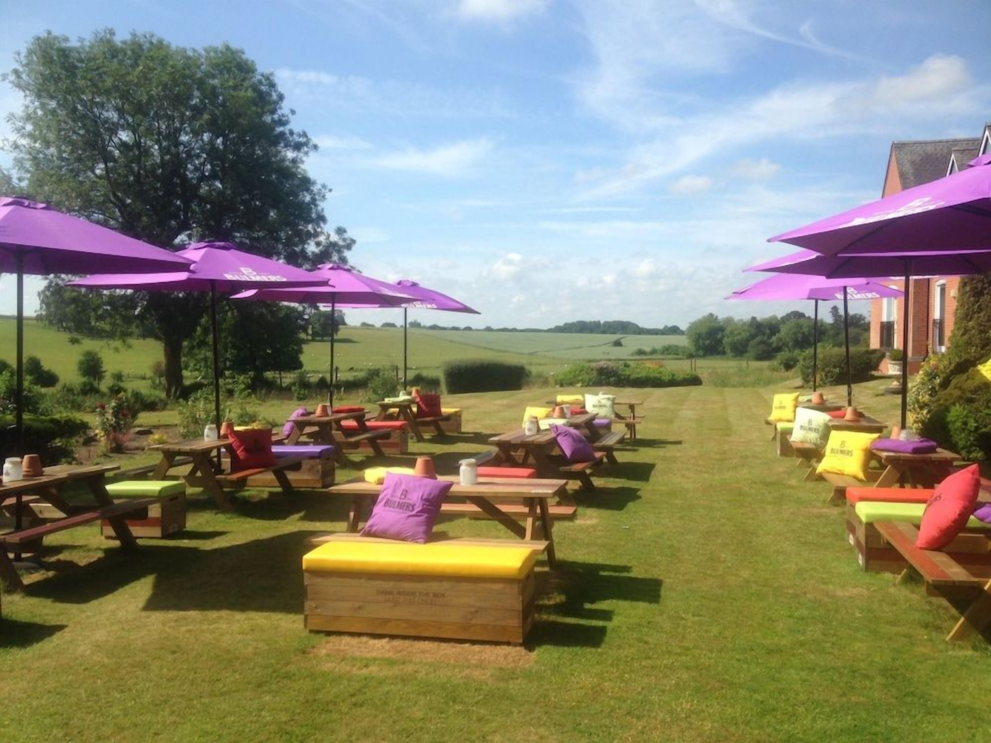 An outdoor seating area with picnic tables and benches, surrounded by purple umbrellas.
