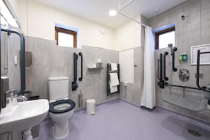 A modern bathroom with a toilet, sink, and shower area.