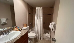 Et badev ærelse med vask, toilet, brusebad og håndklædestige.