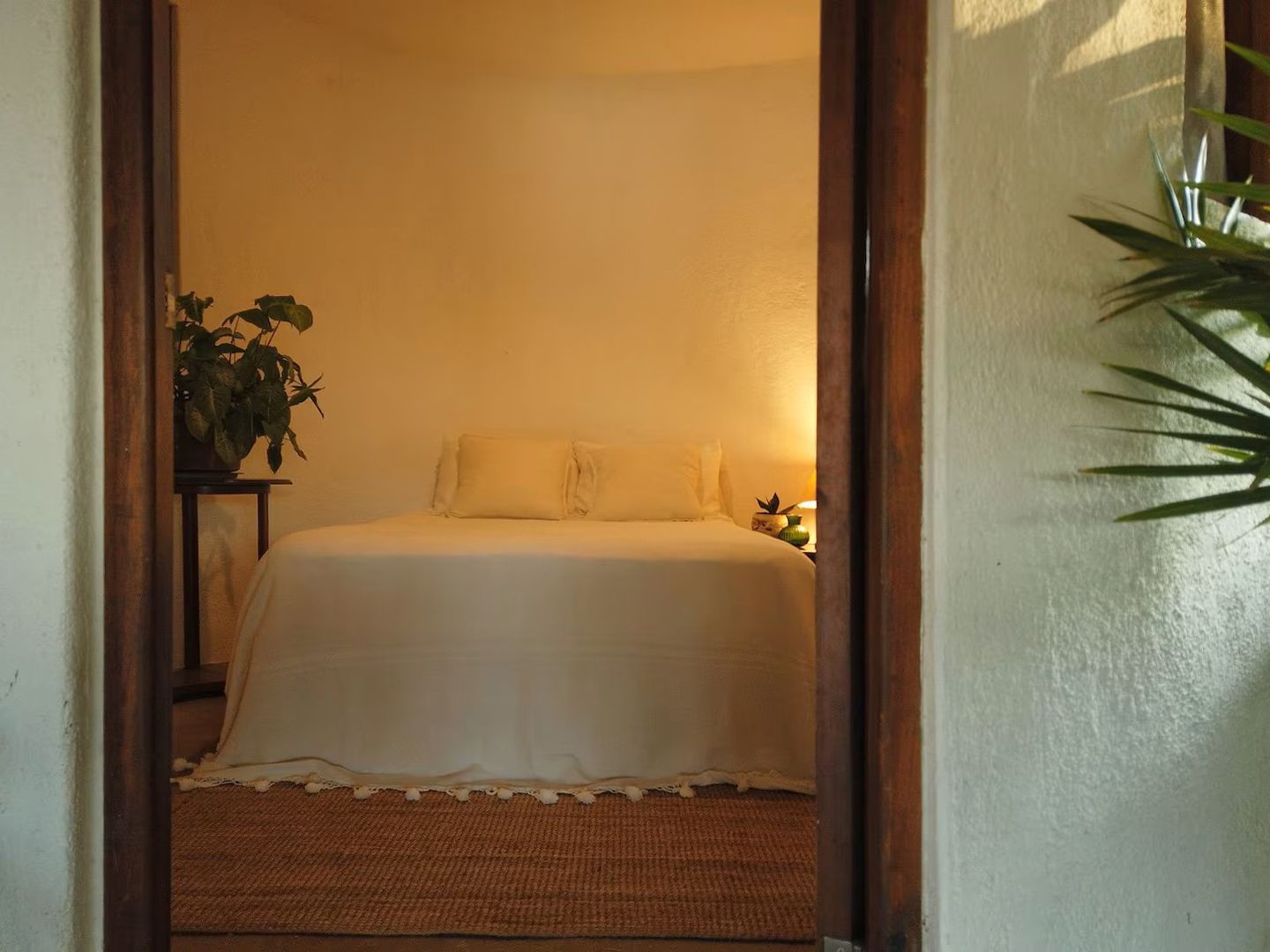 Een slaapkamer met een bed, kussens, een nachtkastje, een lamp en een kamerplant.