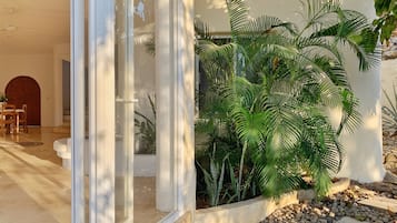 Ein modernes Interieur mit einer Glastür, die zu einer Terrasse mit tropischen Pflanzen und einem Steinweg führt.