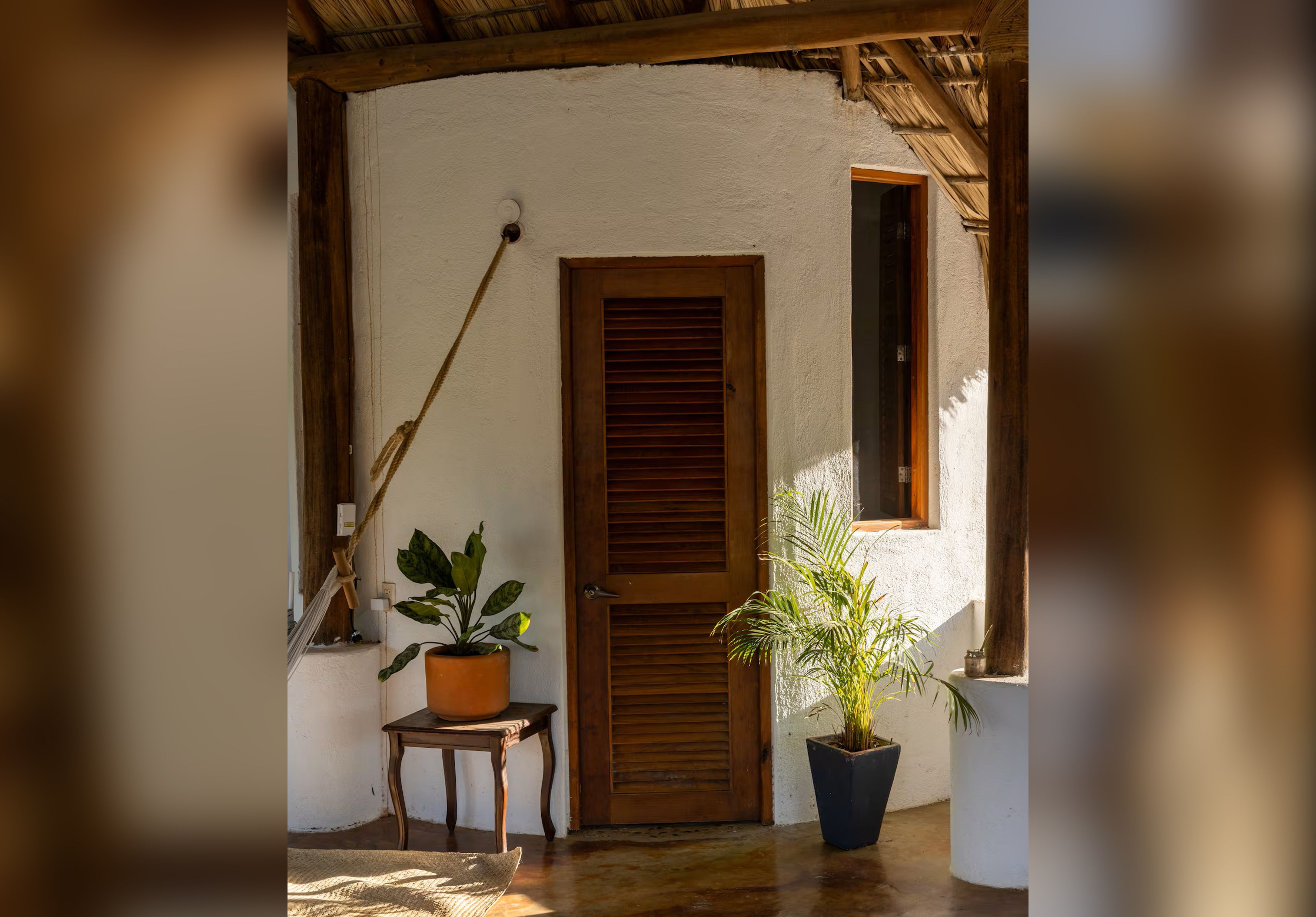 A rustic doorway with a wooden door, a potted plant, and a hammock.