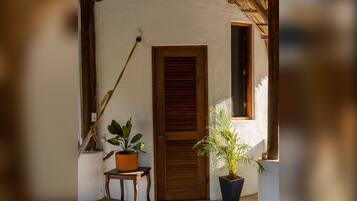 A rustic doorway with a wooden door, a potted plant, and a hammock.