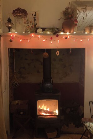 Un poêle à bois dans lequel brûle du feu, entouré d’objets décoratifs et de guirlandes lumineuses.