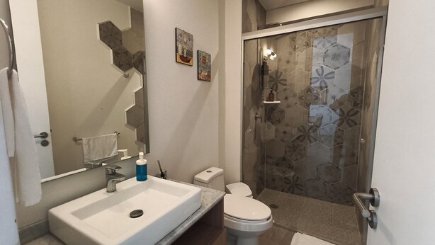 A bathroom with a white sink, a toilet, and a shower enclosure. - Acogedor y cómodo, gym, alberca seguridad 24 horas (Zapopan)