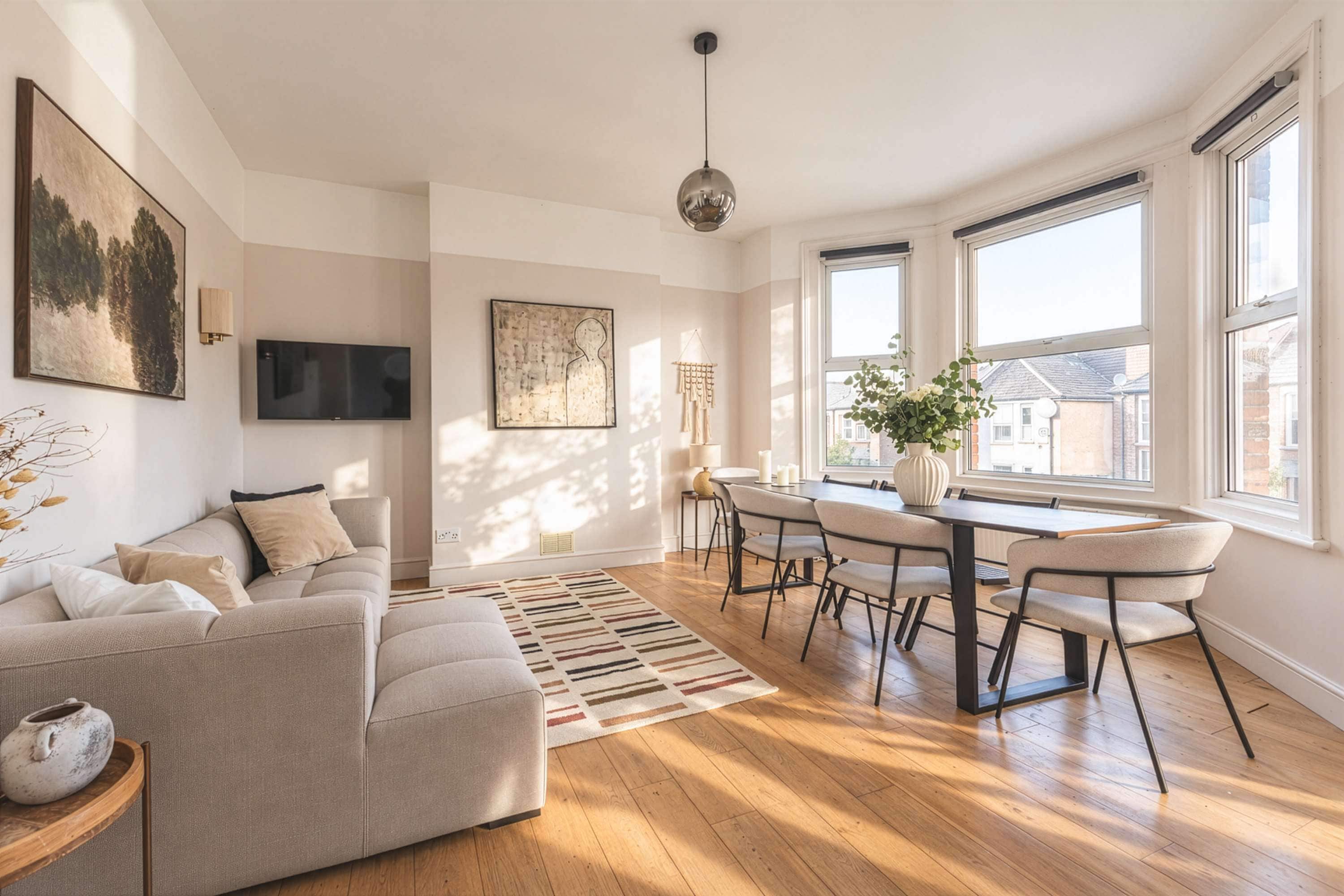 A modern living room with a sofa, a dining table with chairs, a TV mounted on the wall, and large windows.