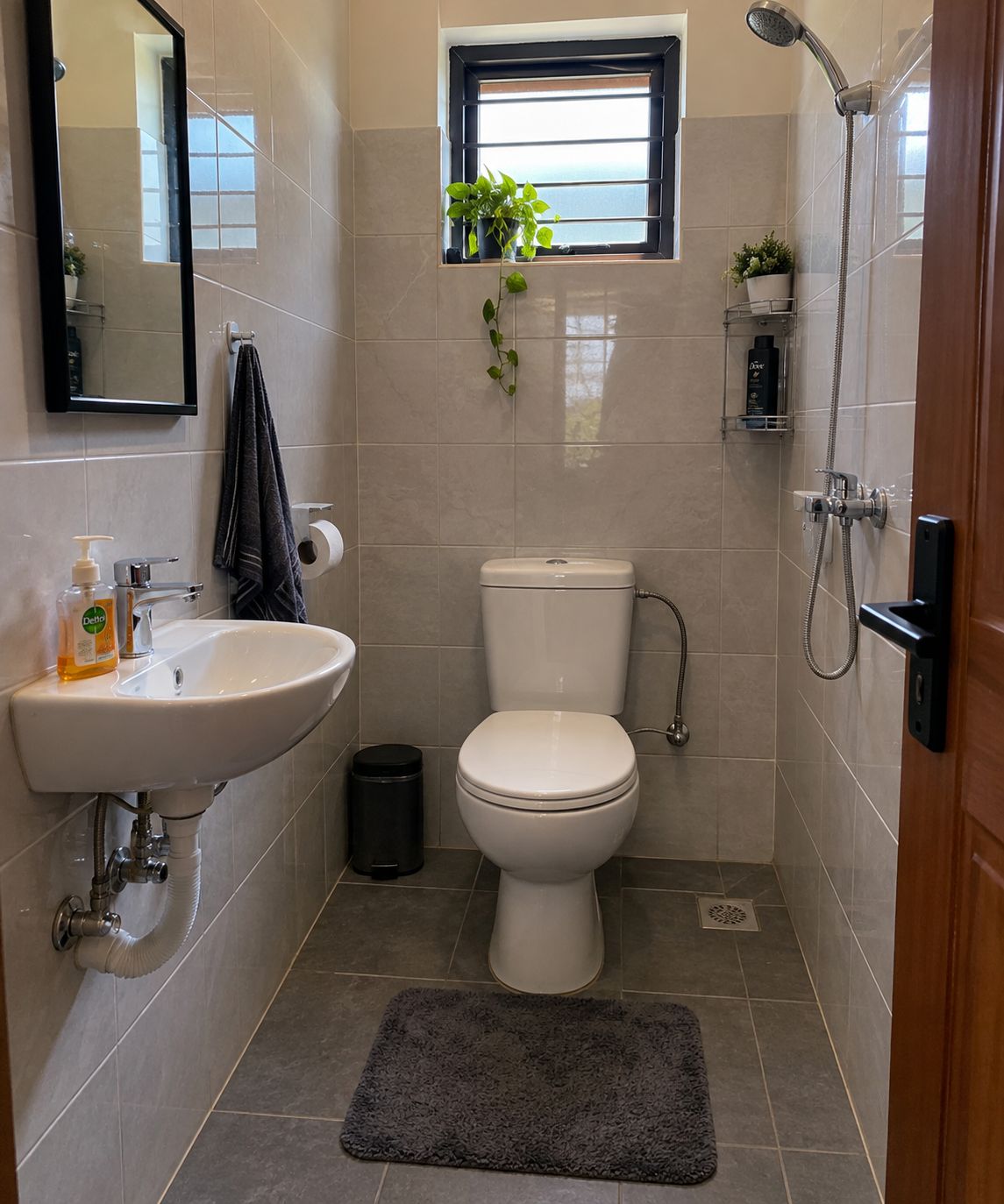 Ein Badezimmer mit Waschbecken, Toilette, Dusche und einem kleinen Fenster mit Pflanzen.