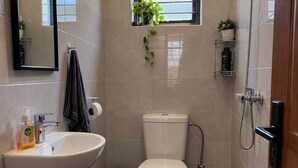 A bathroom with a sink, toilet, shower, and a small window with plants. - bedsitter r, (Juja)