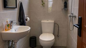 Ein Badezimmer mit Waschbecken, Toilette, Dusche und einem kleinen Fenster mit Pflanzen.