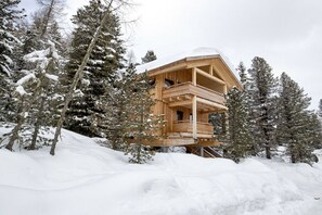 A wooden chalet with a balcony, surrounded by snow-covered trees. - Cabin in Turrach with sauna and balcony (Turrach)