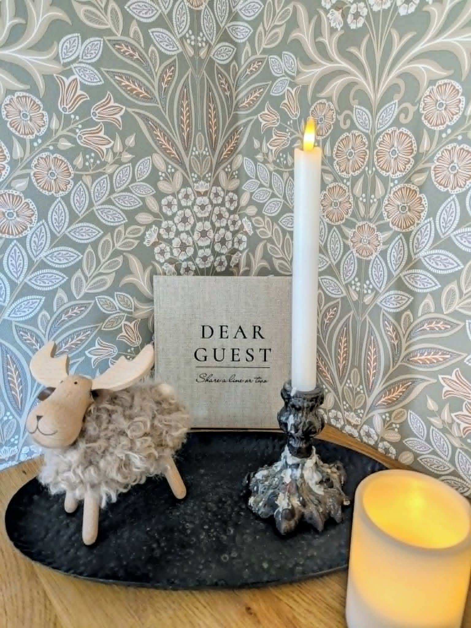 A decorative setting with a candle, a plush toy, and a sign that reads 'DEAR GUEST.'