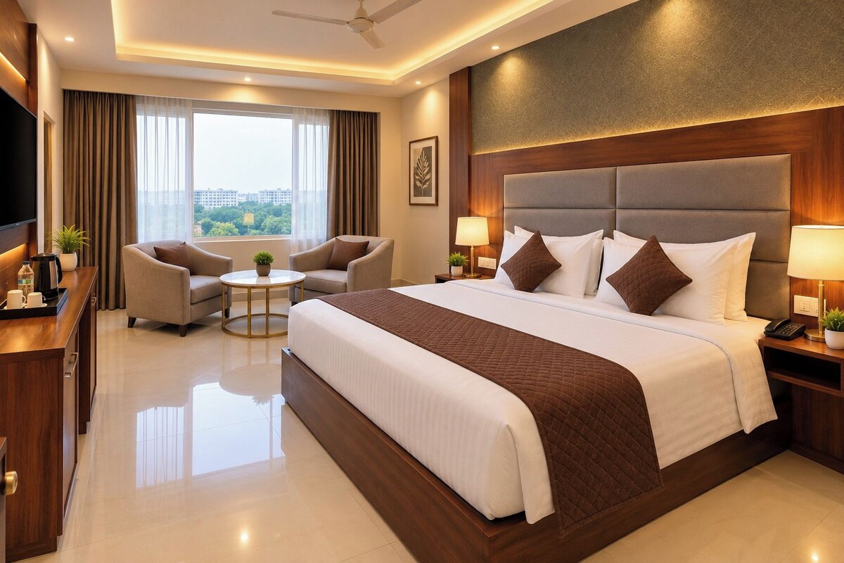 A hotel room with a large bed, two armchairs, a small table, and a TV.