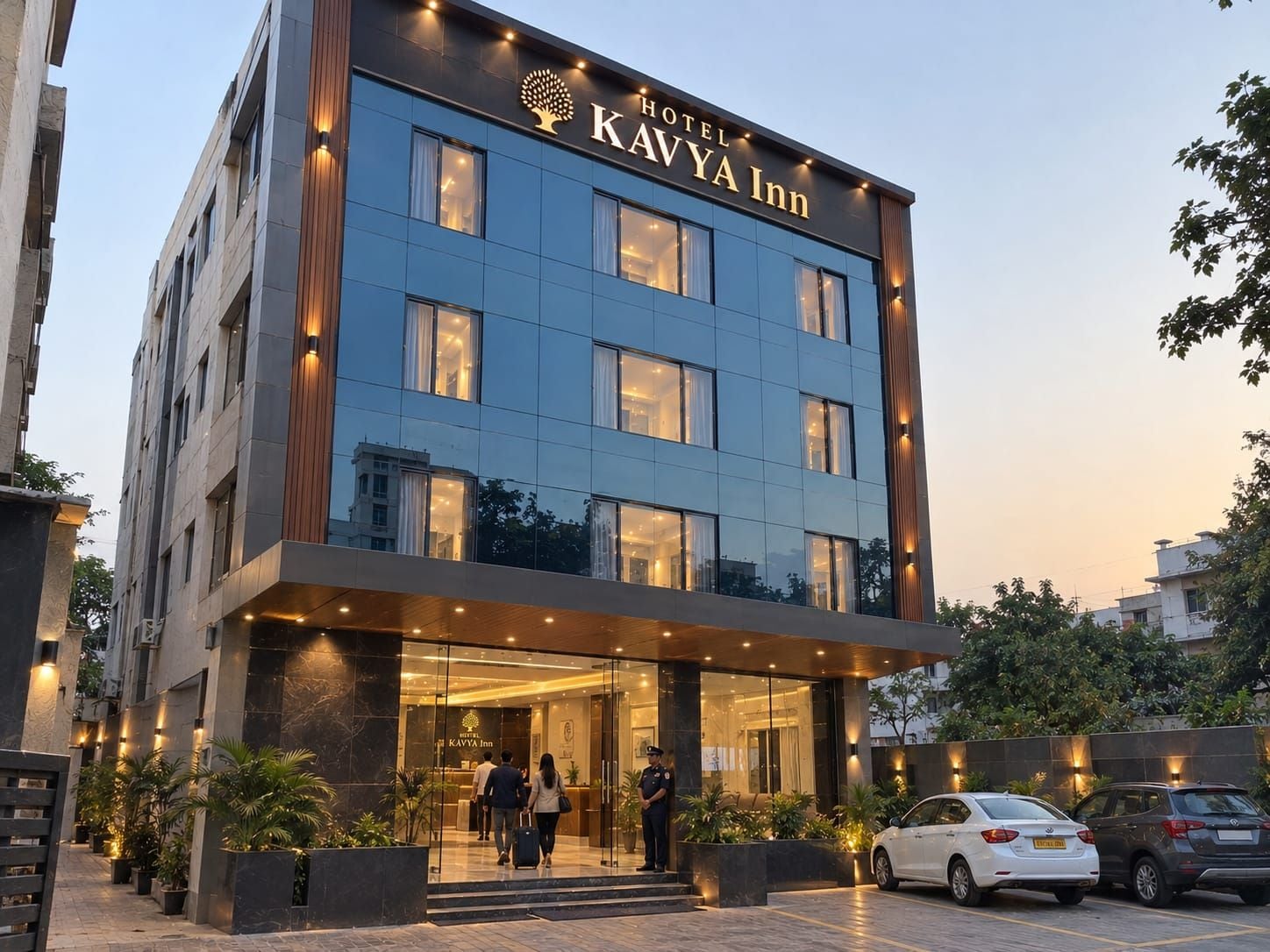Un moderno edificio de hotel con fachada de vidrio, un letrero que dice 'Hotel Kavya Inn' y una zona de recepción con algunos huéspedes y un oficial de seguridad.