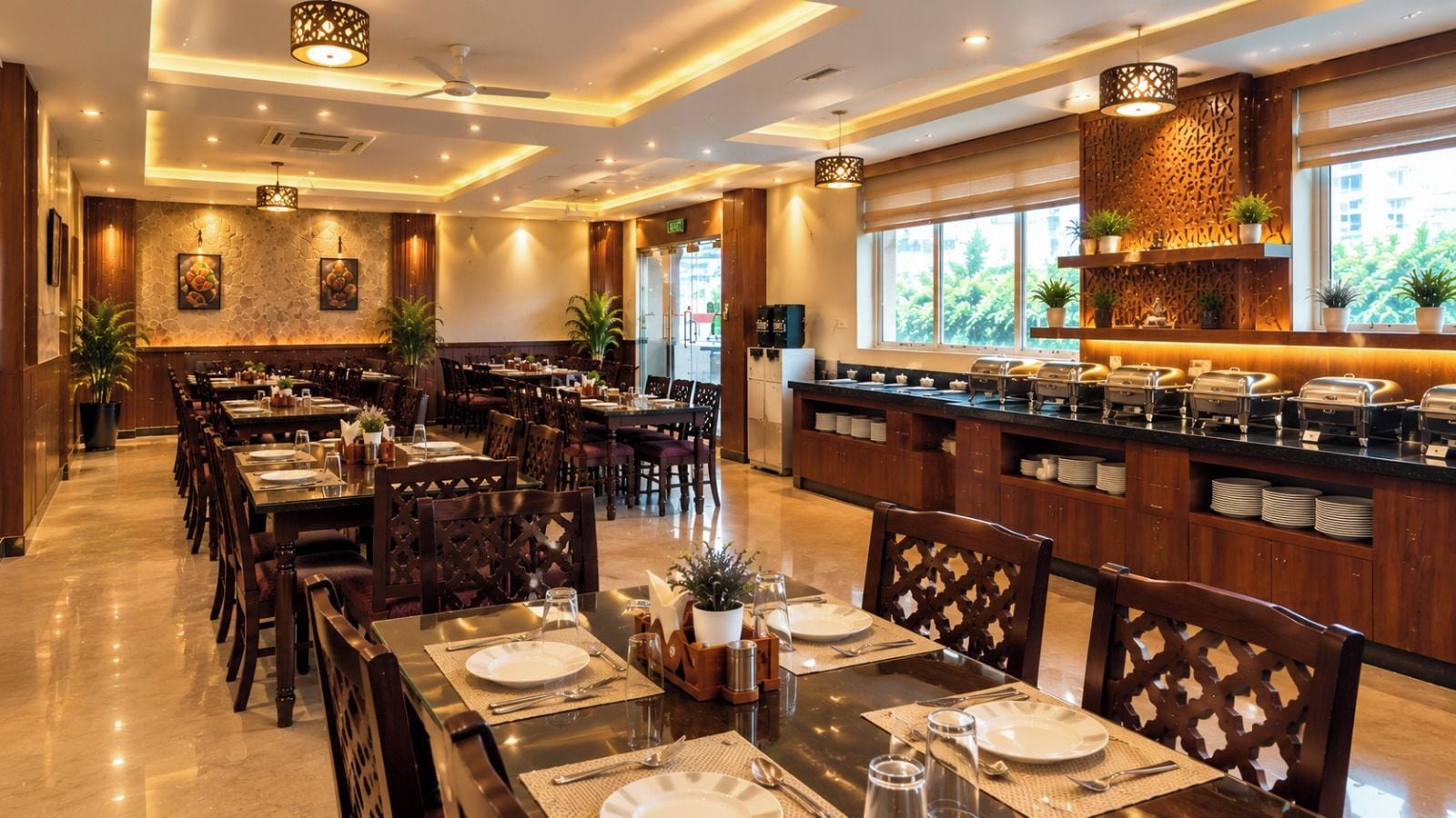 Un comedor de hotel con varias mesas dispuestas para los huéspedes, un mostrador de buffet y vistas al exterior a través de amplias ventanas.