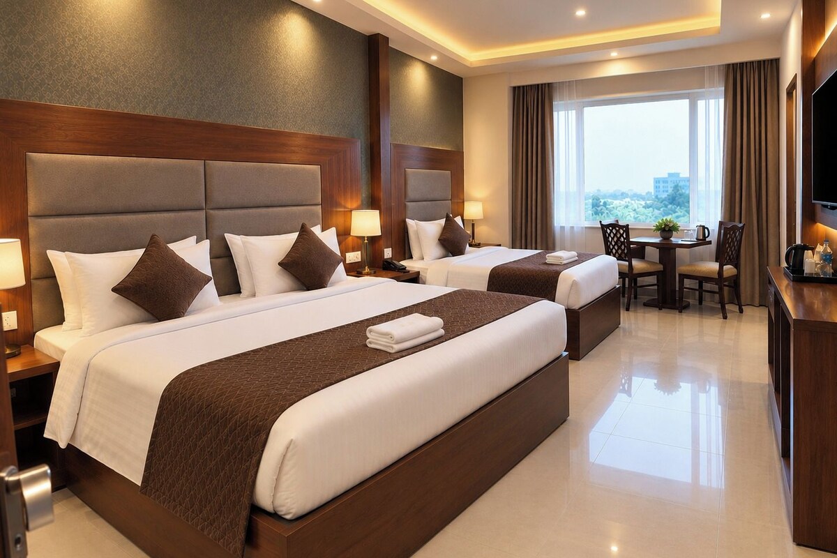 A hotel room with two beds, a dining table, and a TV.