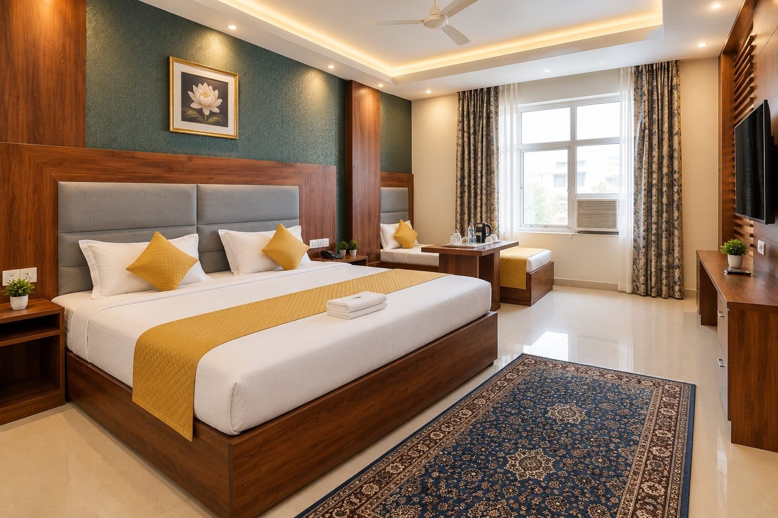 A hotel room with a large bed, bedside tables, a TV, and a window with curtains.