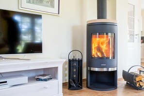 Ein modernes Wohnzimmer mit Fernseher, einem Justus Holzofen, Kamin und Kamingitter.