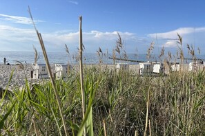 A beach with numbered tents and a person in the distance. - Holiday home in Bastorf with swimming pool (Bastorf)