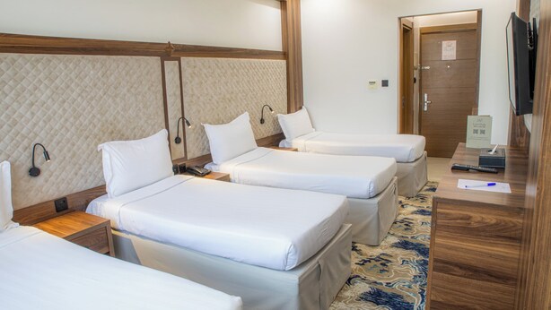 Habitación de hotel con tres camas, un televisor, una mesita de noche con control remoto y una alfombra estampada.